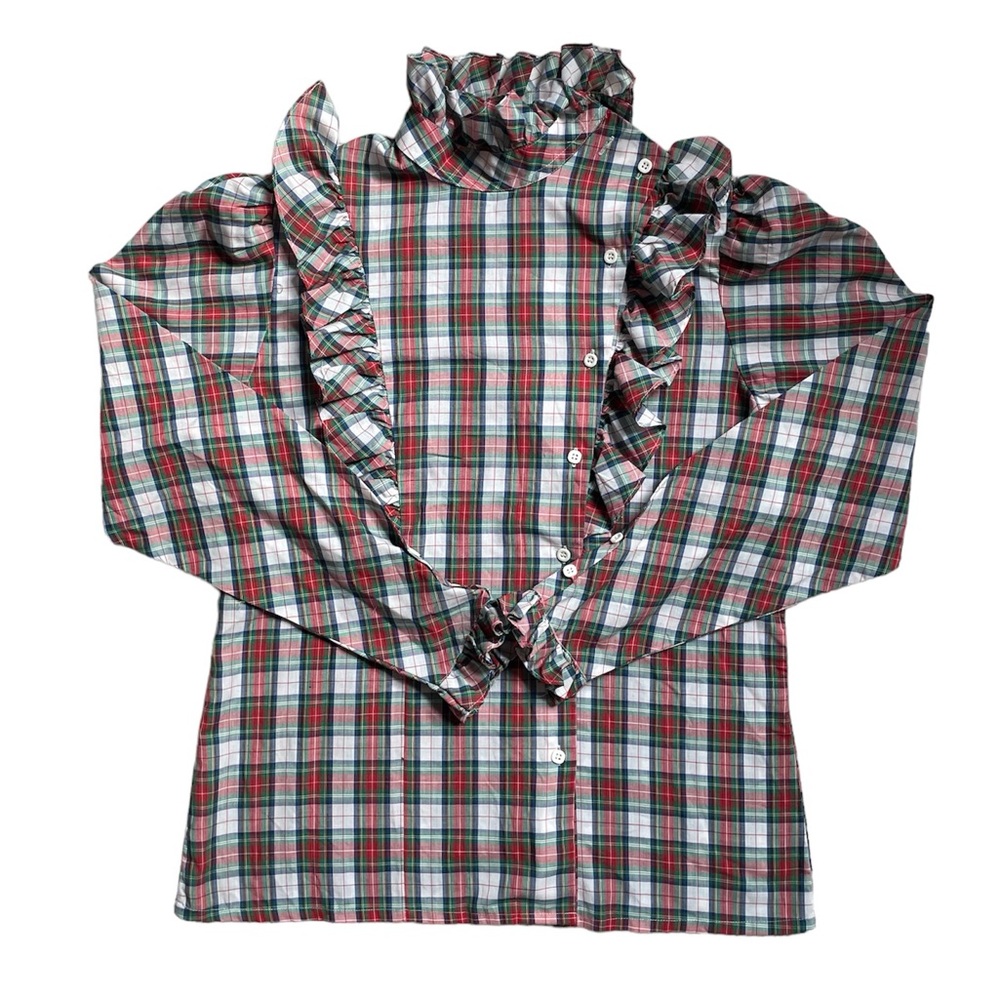 Vintage 80s high neck ruffle plaid button front shirt - Picture 3 of 13